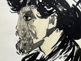 a black and white drawing of a man with a hat on
