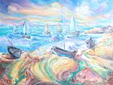 peinture représentant des voiliers sur la plage, avec des vagues venant de l'océan
