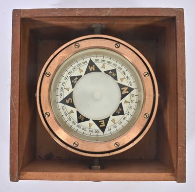 an old wooden box with a compass in it on a white background