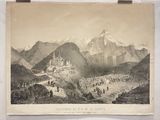 une vieille photo représentant un paysage de montagne avec un château au loin