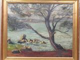 an oil painting of a tree by the water with rocks in the foreground