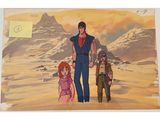 an image of a painting of a man and two children in the desert