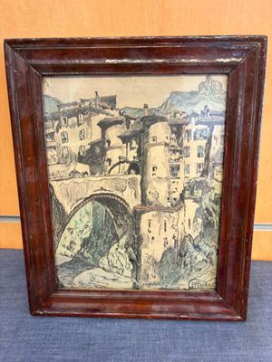 une vieille photo d'une photo représentant une ville avec un pont
