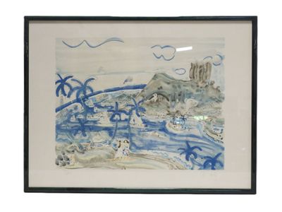 painting of a beach scene with palm trees and a boat in the water