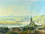 a painting of a view of a town and a river