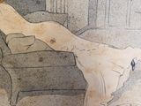 a drawing of a woman laying on a couch with her legs crossed
