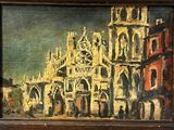une peinture à l'huile représentant un grand bâtiment avec une tour horloge en arrière-plan