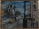 a painting of a street scene with people walking down the street