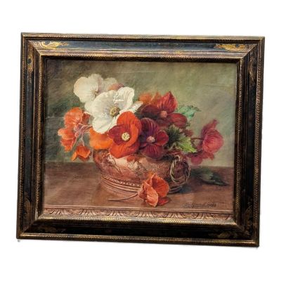 peinture représentant un vase de fleurs posé sur une table, sur fond blanc