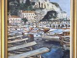 a painting of boats in a harbor with a castle in the background