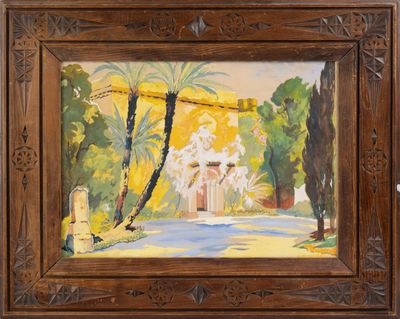 an oil painting of a street with trees and a building