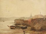 a painting of a boat on the shore of a river