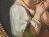 painting of a young girl holding a bird in her right hand