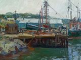 un tableau représentant un bateau amarré à un quai
