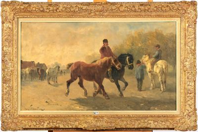 Huile sur toile "Le Marché aux chevaux".