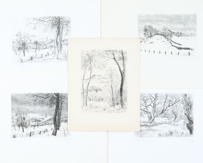 plusieurs dessins représentant des arbres et une clôture dans un paysage enneigé