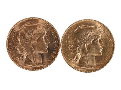 Deux pièces de vingt francs or au coq, 1909. Usures. - Photo 1