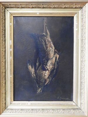 painting of a dead bird in a gold frame on a wall