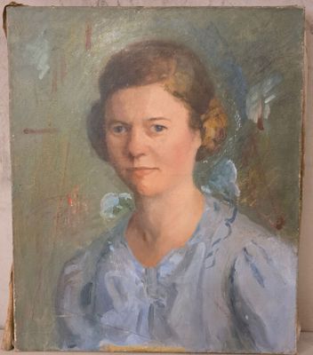 tableau représentant une femme en robe bleue avec une fleur dans les cheveux