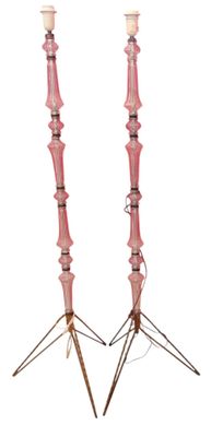 pair of pink glass candlesticks on tripod legs