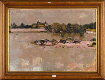 l'image d'une peinture représentant une rivière avec une maison à l'arrière-plan