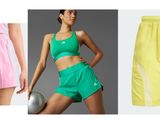 three women ' s tennis shorts are shown in three different colors