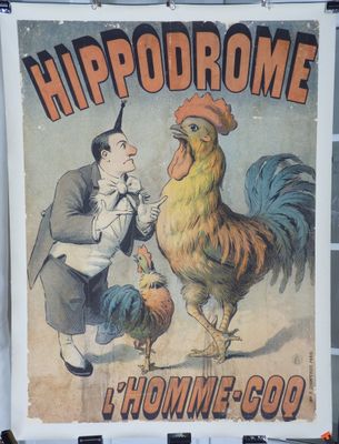 une affiche représentant un coq et un homme tenant un poulet