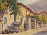 painting of a street scene with a car parked on the side of the road