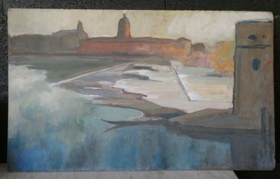 a painting of a lighthouse on the shore of the water