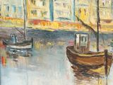 a painting of a boat in the water with buildings in the background