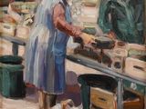 une peinture à l'huile représentant une femme et un homme devant l'étal d'un marché
