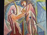 une image représentant un tableau où figurent une femme et un homme vêtu d'une robe rouge