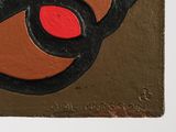 a close up of a painting of a red and black eye