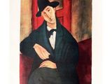 une image représentant un tableau où l'on voit un homme en smoking assis sur une chaise rouge