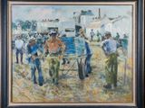 une peinture à l'huile représentant un groupe d'hommes travaillant à la ferme