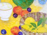 a painting of a basket of fruit on a table