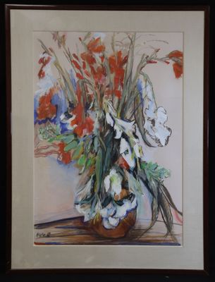 a painting of flowers in a vase on a table