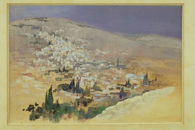 painting of a view of a town in the desert with a mountain in the background