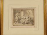 an image of a drawing of a woman sitting on a bed with a man and a child