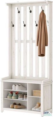 white wooden entryway coat rack with hooks and shelves