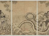 three panels of a painting of a man and a woman riding on a horse