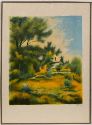 une peinture à l'huile représentant un paysage avec des arbres et de l'herbe jaune
