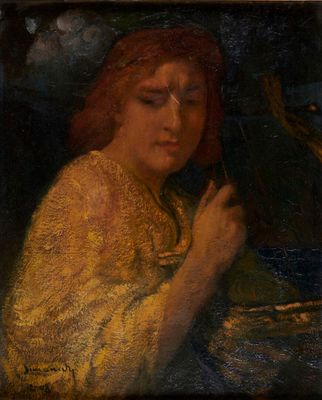 tableau représentant une femme en robe jaune tenant un miroir