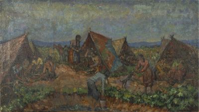 une image représentant un tableau où l'on voit un groupe de personnes travaillant dans un champ