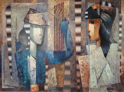 un tableau représentant une femme et un homme dans une cage