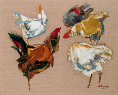 trois poulets qui se tiennent les uns à côté des autres