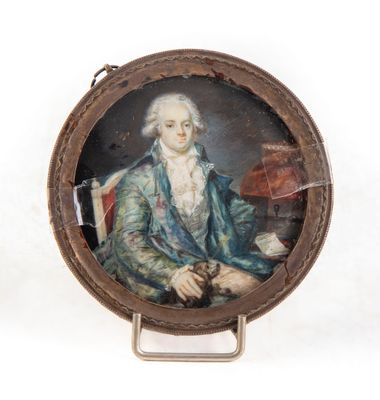 painting of a man sitting in a chair with a lamp on a table