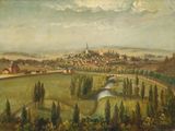 une peinture à l'huile représentant une vue d'une ville avec une rivière au premier plan