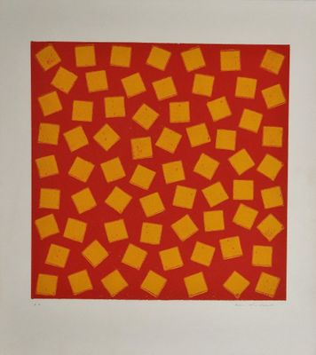 un tableau orange et jaune composé de carrés sur fond rouge
