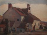 peinture représentant une maison au toit rouge et aux cheminées, dans un cadre champêtre
